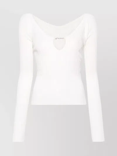 Jacquemus Ribbed Knit V-neck Long Sleeve Top In White