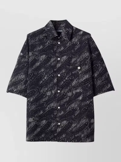 Jacquemus Rio Fish Print Shirt Short Sleeves Pocket In Black