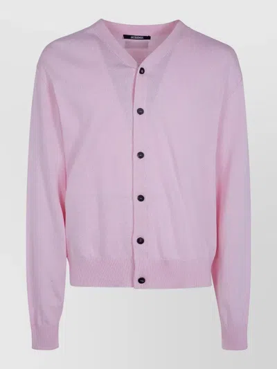 Jacquemus Rio Knit Cardigan Long Sleeve V Neck In Pink