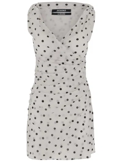 Jacquemus 'the Rita' White Dress With V-neck And Polka Dot Motif