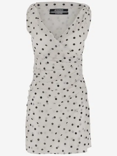 Jacquemus 'the Rita' White Dress With V-neck And Polka Dot Motif