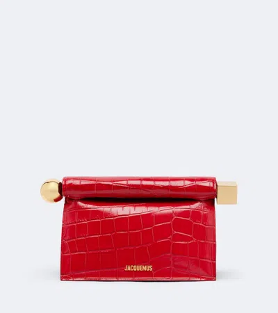 Jacquemus Rond Carré Small Croc-effect Leather Clutch In Red
