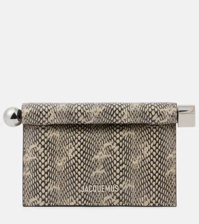 Jacquemus Small Rond Carré Python Print Leather Clutch In Beige