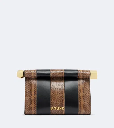 Jacquemus Rond Carré Snake-effect Leather Clutch In Black