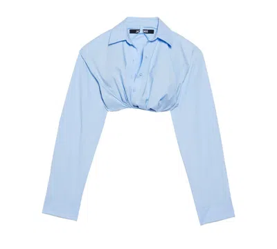 Jacquemus Ruched Tucked In Cropped Long Sleeve Shirt In Clear Blue
