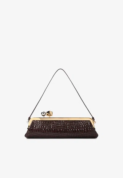 Jacquemus Salon Croc-embossed Leather Long Clutch In Brown