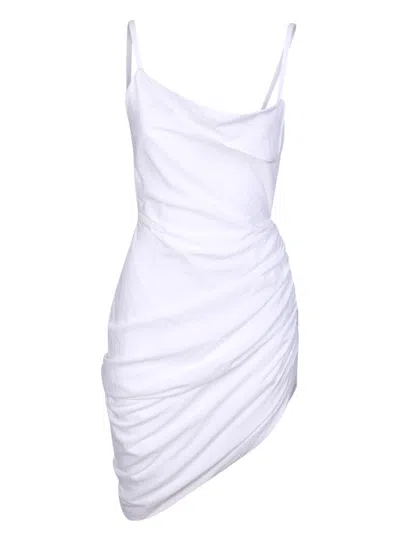 Jacquemus Saudade Asymmetric Draped Mini Dress In Blanco