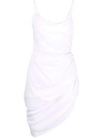 Jacquemus Saudade Asymmetric Draped Mini Dress In Blanco
