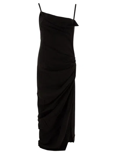 Jacquemus Draped Neckline Midi Length Sleeveless Dress In Black
