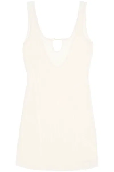 Jacquemus Scalloped Ribbed Mini Dress With Open Back And Embellished V-neckline In White