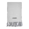 Jacquemus Lecharpe Moisson Grey Scarf With Logo Lettering On The Front And Fringed Hem In Wool Blend Woman In Gray