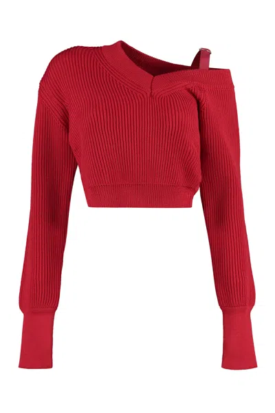 Jacquemus La Maille Seville Asymmetric Ribbed Pullover In Red