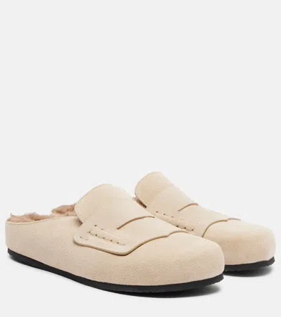 JACQUEMUS SHEARLING-LINED SUEDE MULES