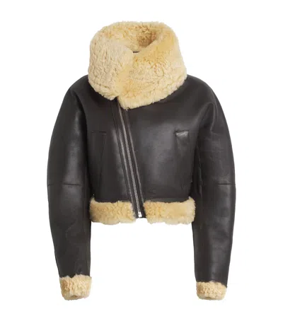 Jacquemus Shearling-trim Aviator Leather Jacket In Brown