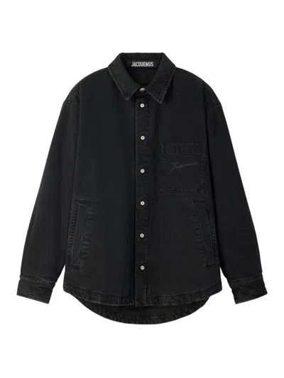 Jacquemus Virgin Wool Long-sleeve Shirt With Embroidered Logo In Black