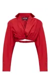 Jacquemus Cropped Cotton Poplin Shirt With Twist Detailing In Red