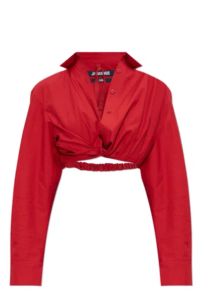 Jacquemus Cropped Cotton Poplin Shirt With Twist Detailing In Red