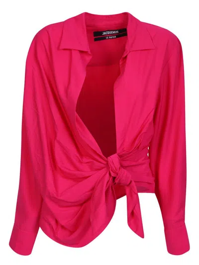 Jacquemus La Chemise Bahia Knotted Viscose Shirt In Pink