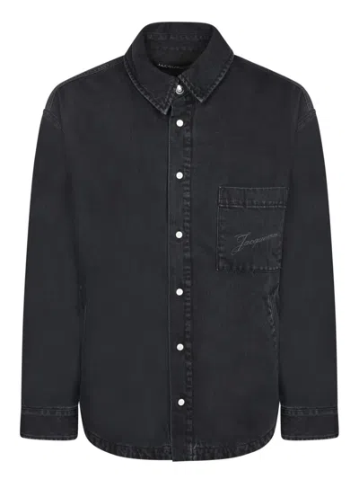 Jacquemus Virgin Wool Long-sleeve Shirt With Embroidered Logo In Black