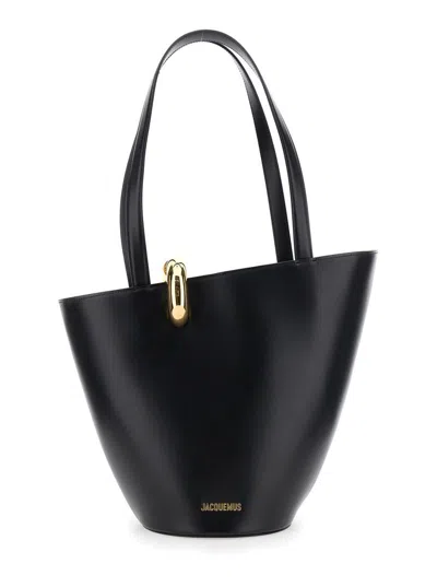 JACQUEMUS SHOPPER 'LE BAMBOLA MOYEN' CON DESING ASIMMETRICO E LOGO SUL FRONTE IN PELLE NERA DONNA