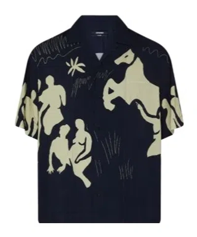 Jacquemus Short-sleeved Shirt In Printed Horse Scene Navy Blue