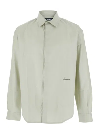 JACQUEMUS 'SIMON' GREEN SHIRT WITH LOGO LETTERING ON THE FRONT IN COTTON MAN
