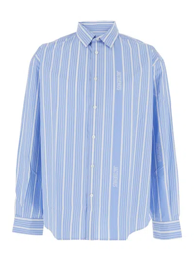 JACQUEMUS 'SIMON' LIGHT BLUE SHIRT WITH ALL-OVER STRIPE MOTIF AND LOGO LETTERING IN COTTON MAN