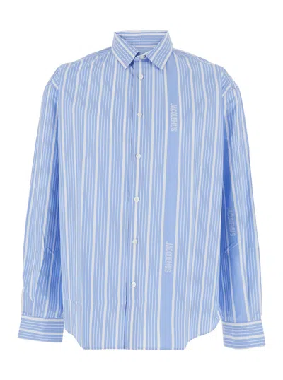 Jacquemus Simon Light Blue Shirt With All-over Stripe Motif And Logo Lettering In Cotton Man