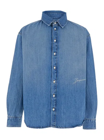 Jacquemus Simon Light Blue Shirt With Logo Lettering On The Front In Denim Man