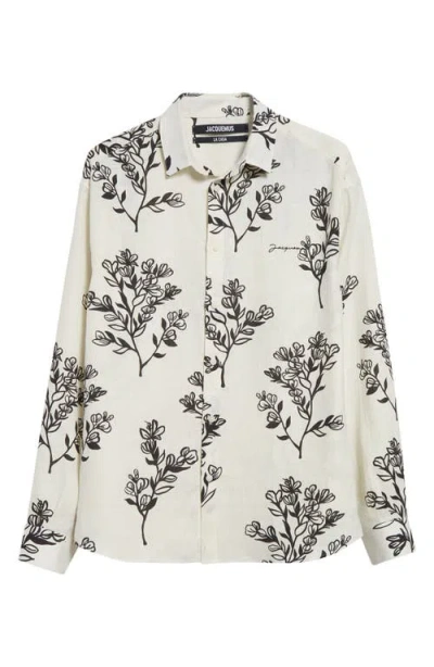 Jacquemus Simon Linen Button-up Shirt In Print Black Flowers