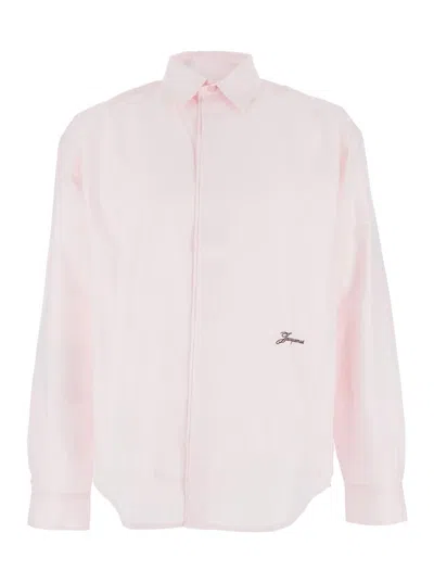JACQUEMUS 'SIMON' PINK SHIRT WITH LOGO LETTERING ON THE FRONT IN COTTON MAN