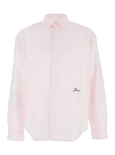 Jacquemus Simon Pink Shirt With Logo Lettering On The Front In Cotton Man