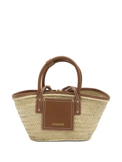 Jacquemus Le Panier Soli Beige And Brown Tote Bag With Patch Pocket And Logo In Straw And Leather Woman