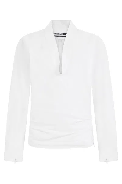 Jacquemus Soft Cotton V-neck Long-sleeve Blouse With Zip Sleeves In White