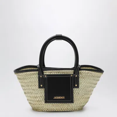 Jacquemus Soli Mini Woven Basket Bag In Palm And Black Leather In Neutral