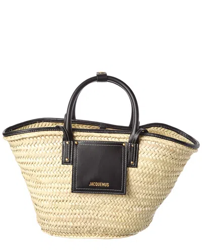 Jacquemus Soli Raffia & Leather Trim Tote In Nude