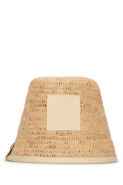 Jacquemus Soli Raffia Bucket Hat With Leather Details In Ivory