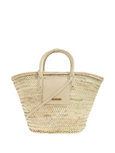 Jacquemus Soli Woven Raffia Tote Bag With Leather Trim In Nude