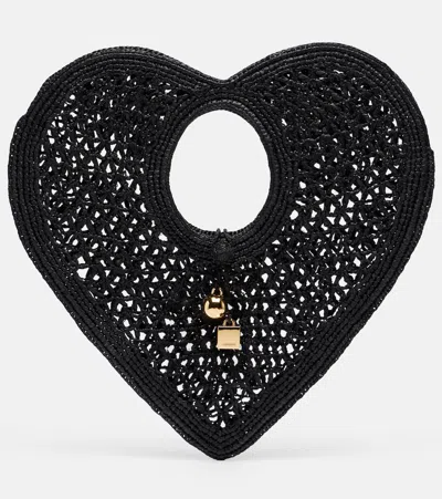 Jacquemus Spiaggia Coeur Small Raffia Top-handle Bag In Black