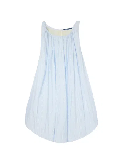 Jacquemus Off Shoulder Striped Midi Dress Gathered In Blue