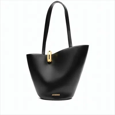Jacquemus Structured Black Leather Shoulder Bag With Gold Hardware In White