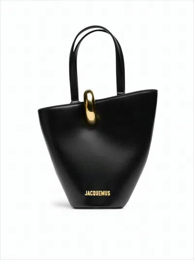 Jacquemus Structured Black Leather Tote With Gold-tone Clasp In White