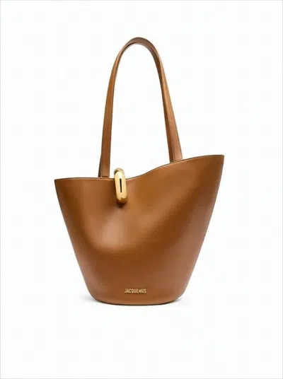 Jacquemus Structured Brown Cow Leather Tote Bag With Gold-tone Clasp In White