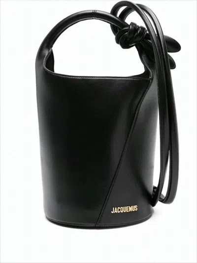 Jacquemus Structured Cylindrical Black Leather Tote With Adjustable Strap