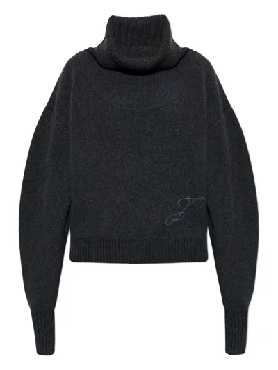 Jacquemus Grey Turtleneck Embroidered Logo Sweater In Gray