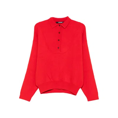 Jacquemus Pallone Vareuse-style Knit Polo Sweater In Red