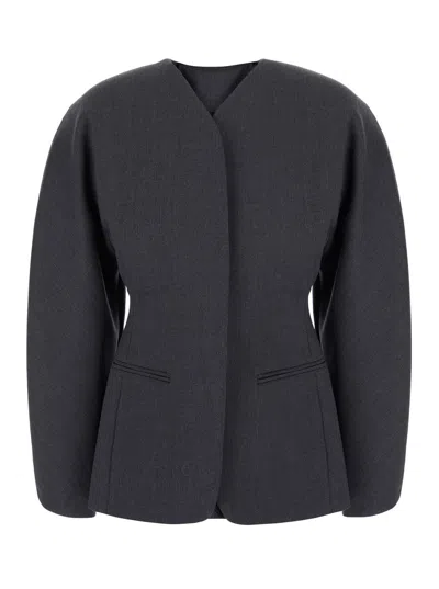 Jacquemus Tech Fabric Blazer Jacket With Button Front And Side Pockets In Gray