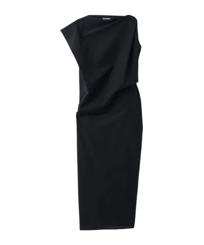 Jacquemus Drap Cotton-blend Poplin Midi Dress In Black