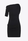 Jacquemus Asymmetrical One-shoulder Bodycon Mini Dress With Ruched Sleeve In Black