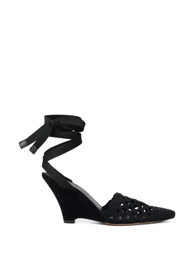 Jacquemus Wedge Espadrille Mules Pointed Toe Ribbon In Black